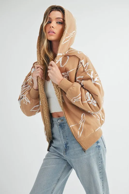 Flower Print Zip Up Mustard Color Sherpa Hoodie