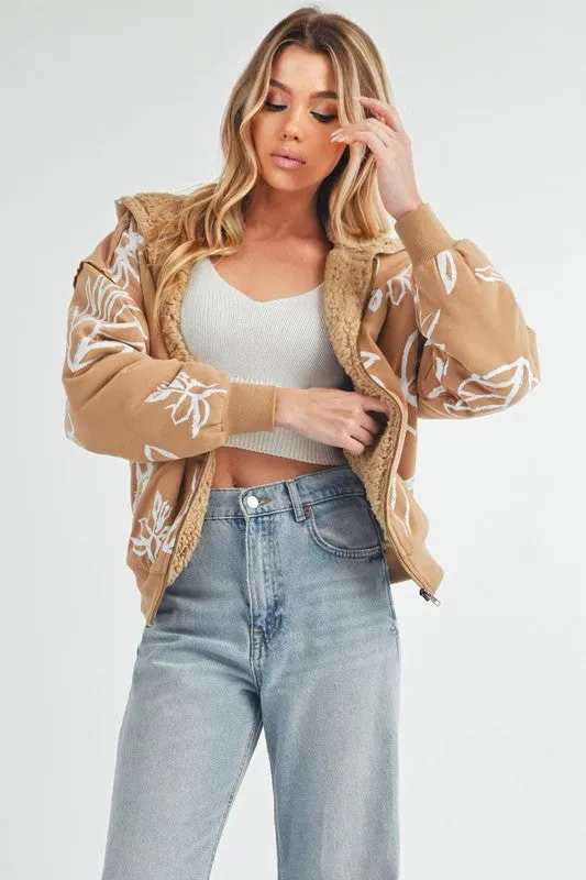 Flower Print Zip Up Mustard Color Sherpa Hoodie