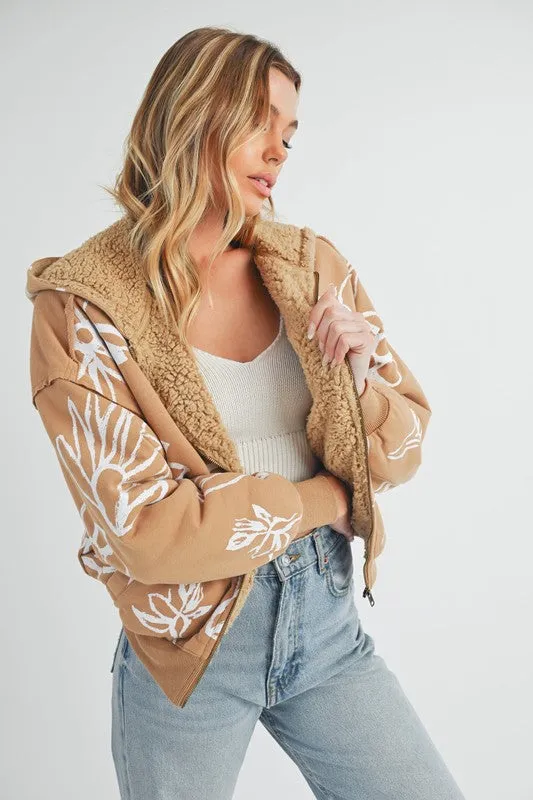Flower Print Zip Up Mustard Color Sherpa Hoodie