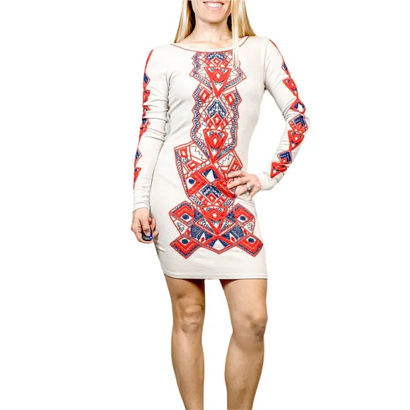Free People Aztec Princess Bodycon Long Sleeve Boho Dress Size XS