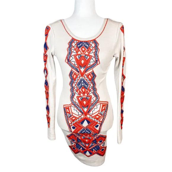 Free People Aztec Princess Bodycon Long Sleeve Boho Dress Size XS