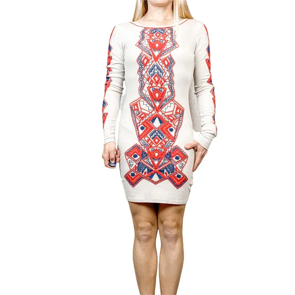 Free People Aztec Princess Bodycon Long Sleeve Boho Dress Size XS