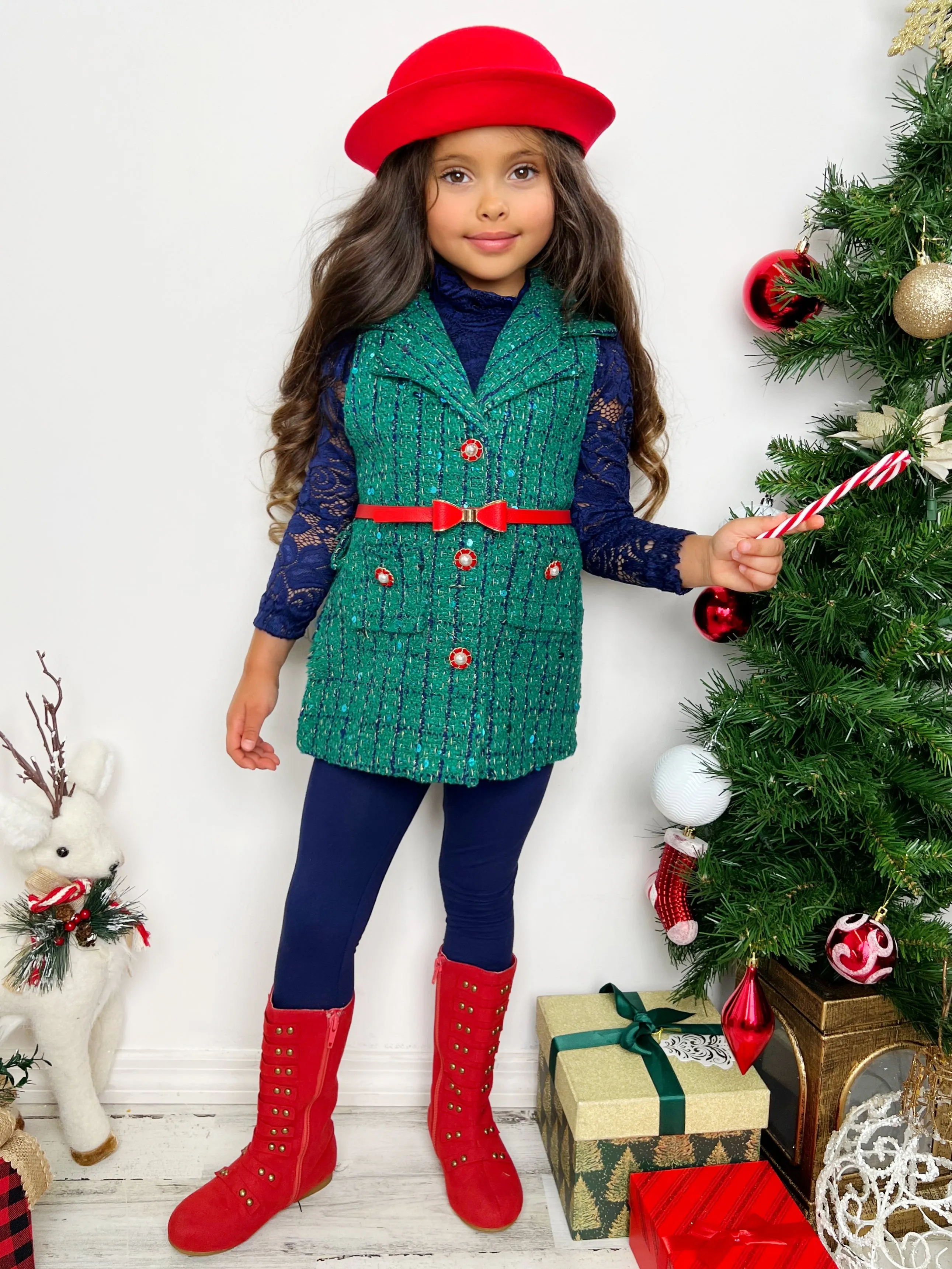 Frosty and Chic Blue Lace Top, Belted Vest, and Legging Set