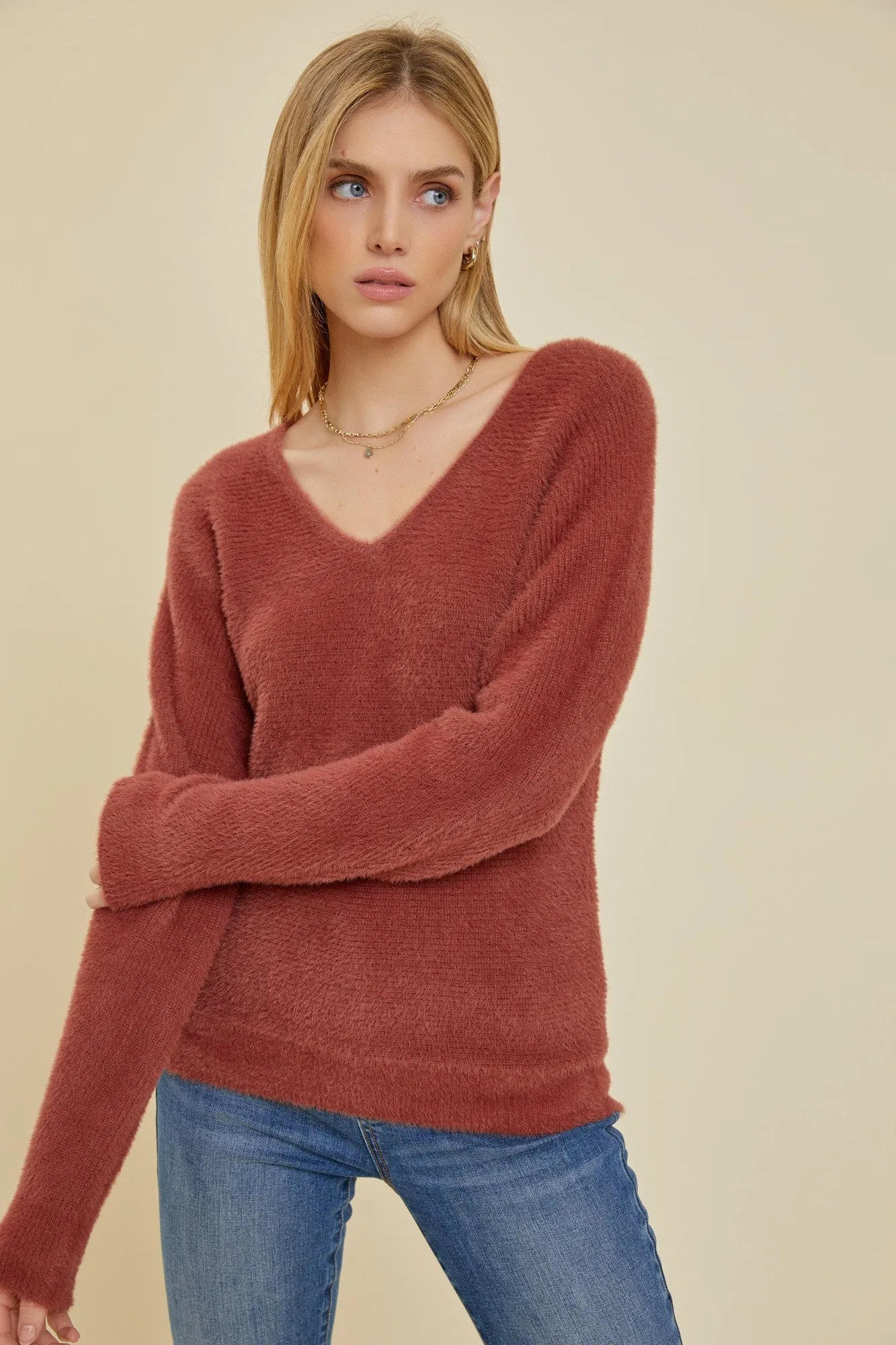 Fuzzy V-Neck Sweater