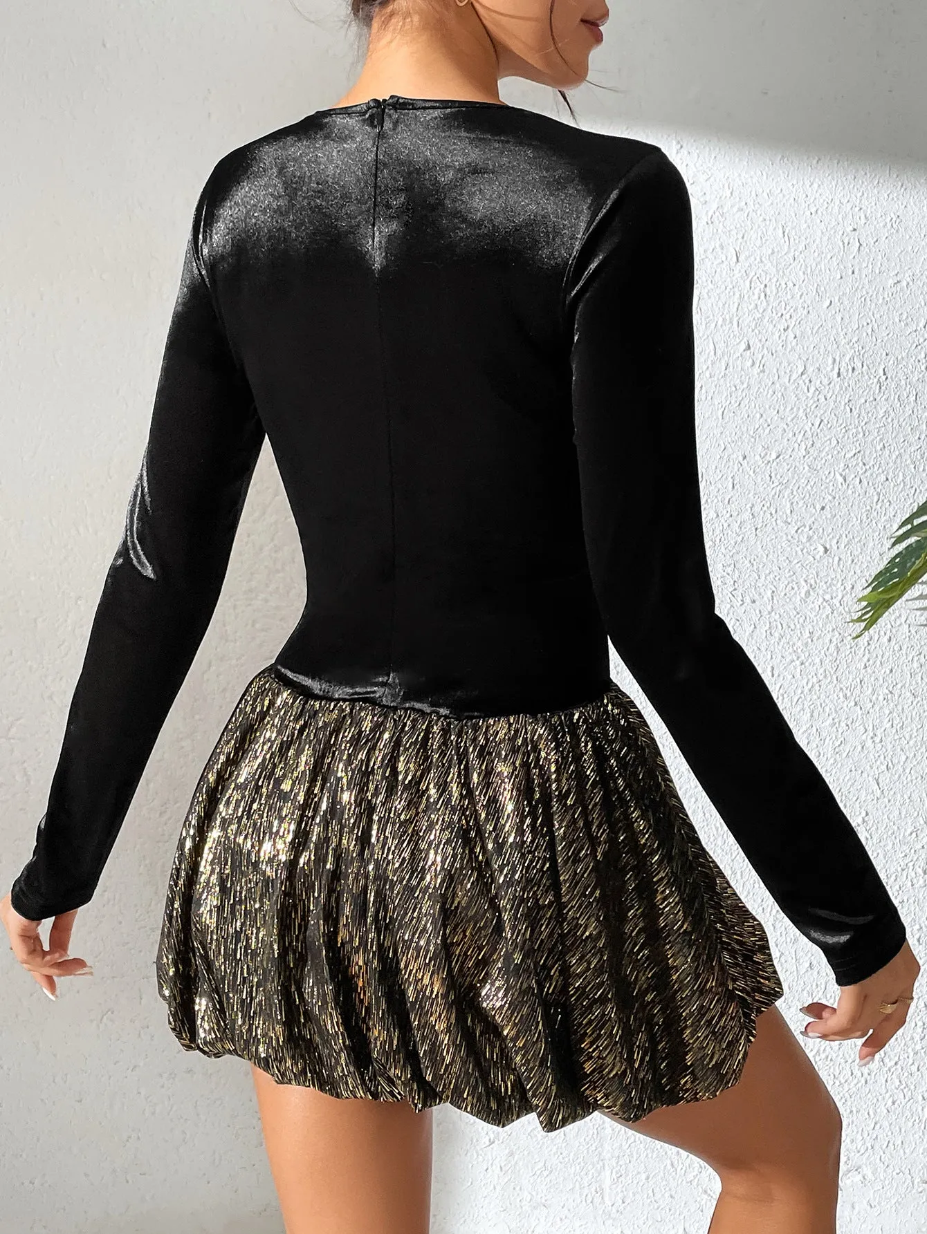 Glamorous Velvet and Metallic Bubble Skirt Party Dress