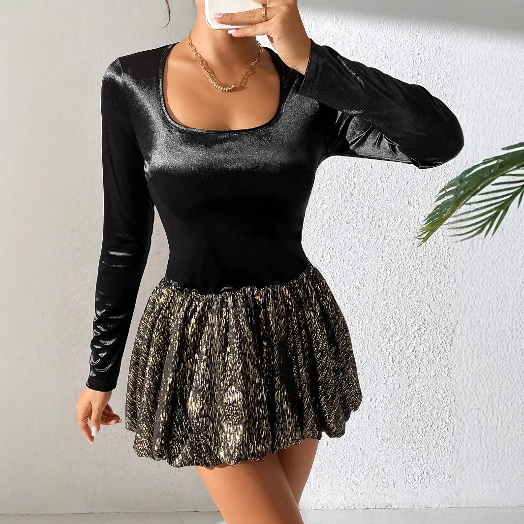 Glamorous Velvet and Metallic Bubble Skirt Party Dress