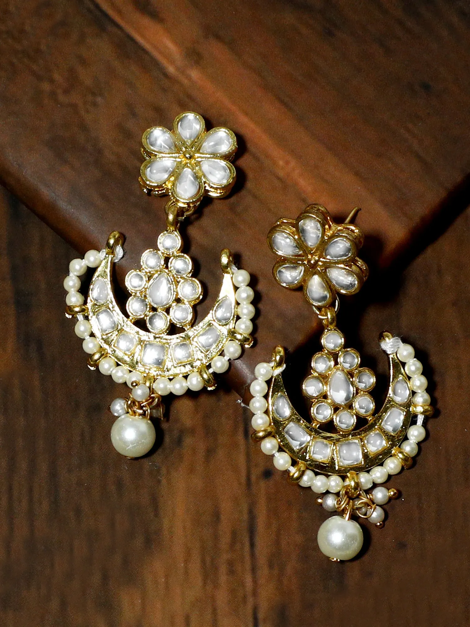 Gold Plated Pearl Bead Kundan Dangler Earrings