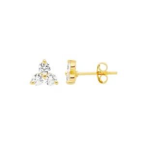 Gold Plated Sterling Silver Stud Earrings with Three Claw Set 3mm Cubic Zirconias E563G