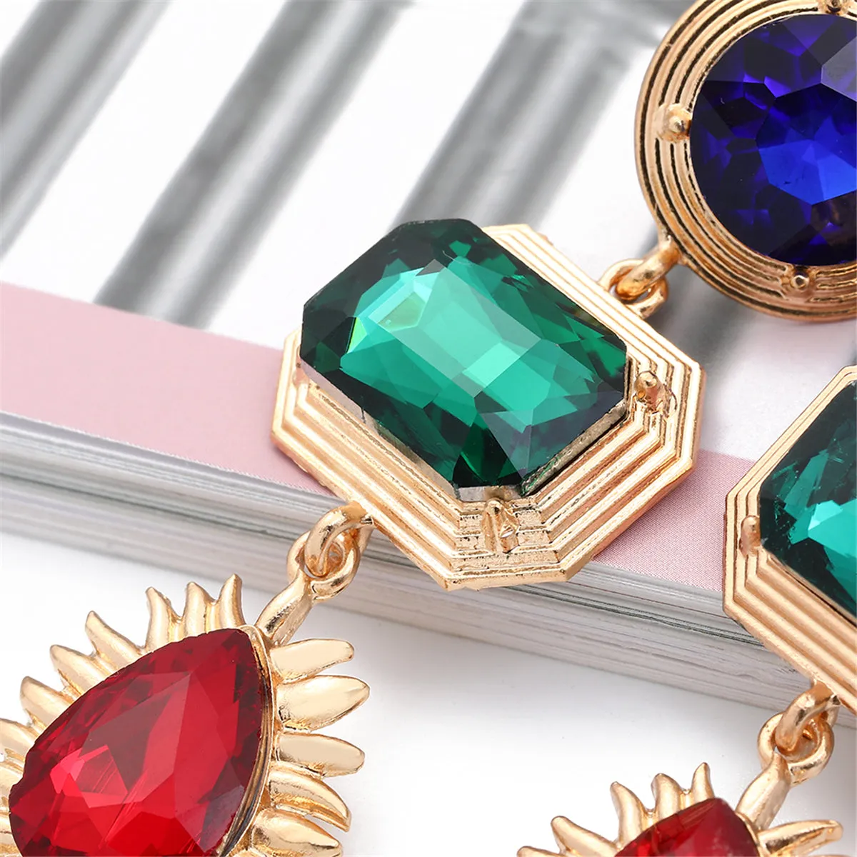 Green Crystal & 18K Gold-Plated Patchwork Geometric Drop Earrings