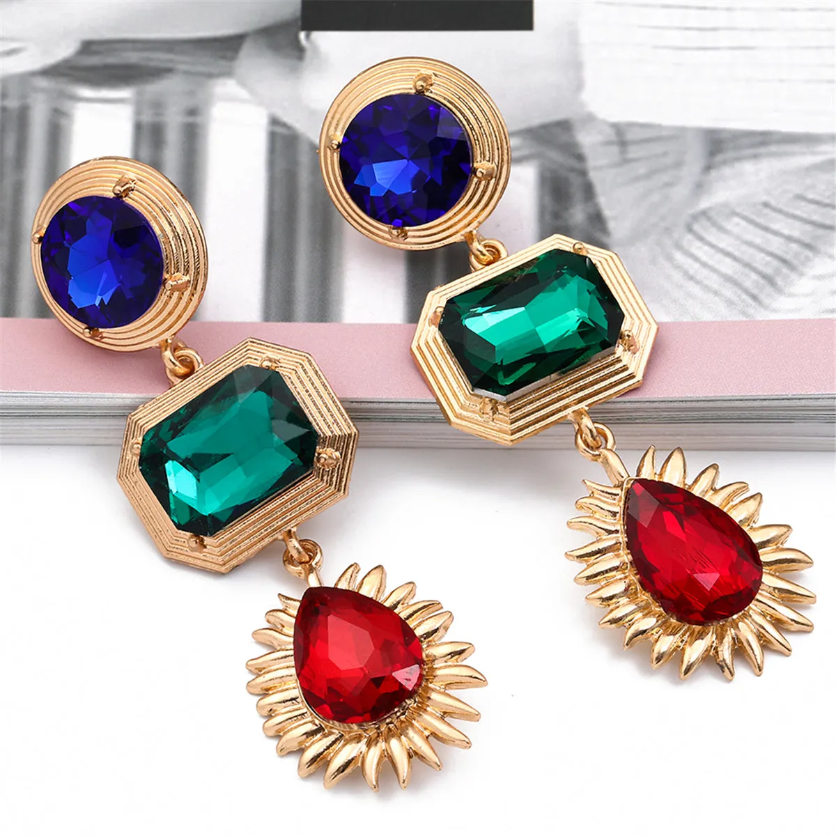 Green Crystal & 18K Gold-Plated Patchwork Geometric Drop Earrings