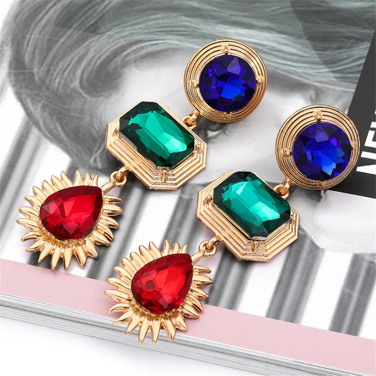 Green Crystal & 18K Gold-Plated Patchwork Geometric Drop Earrings