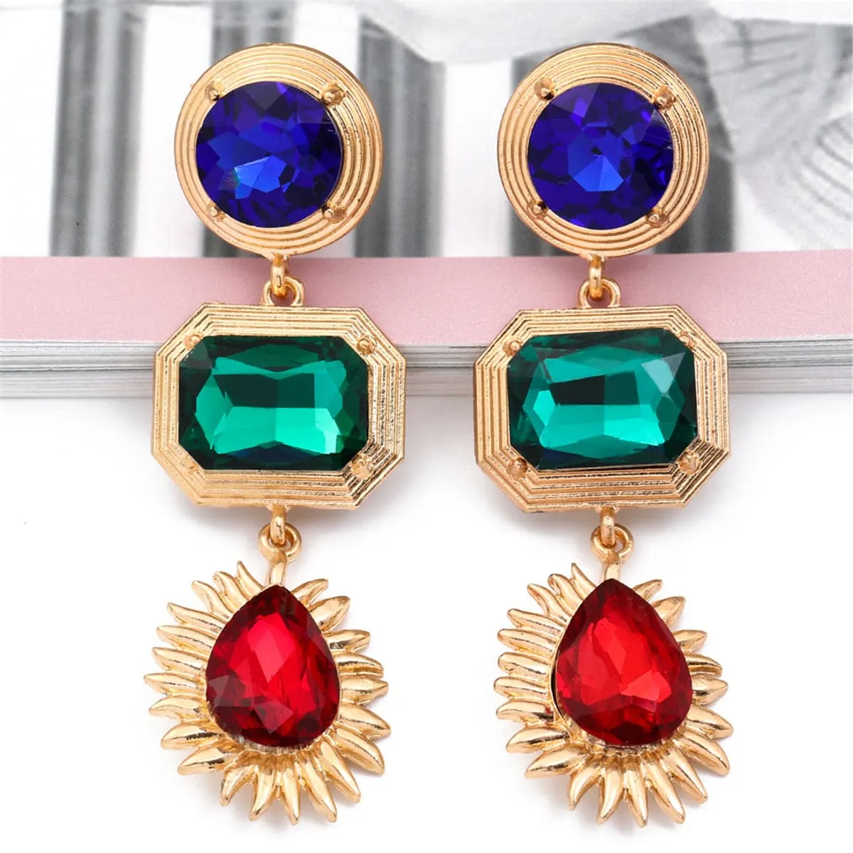 Green Crystal & 18K Gold-Plated Patchwork Geometric Drop Earrings