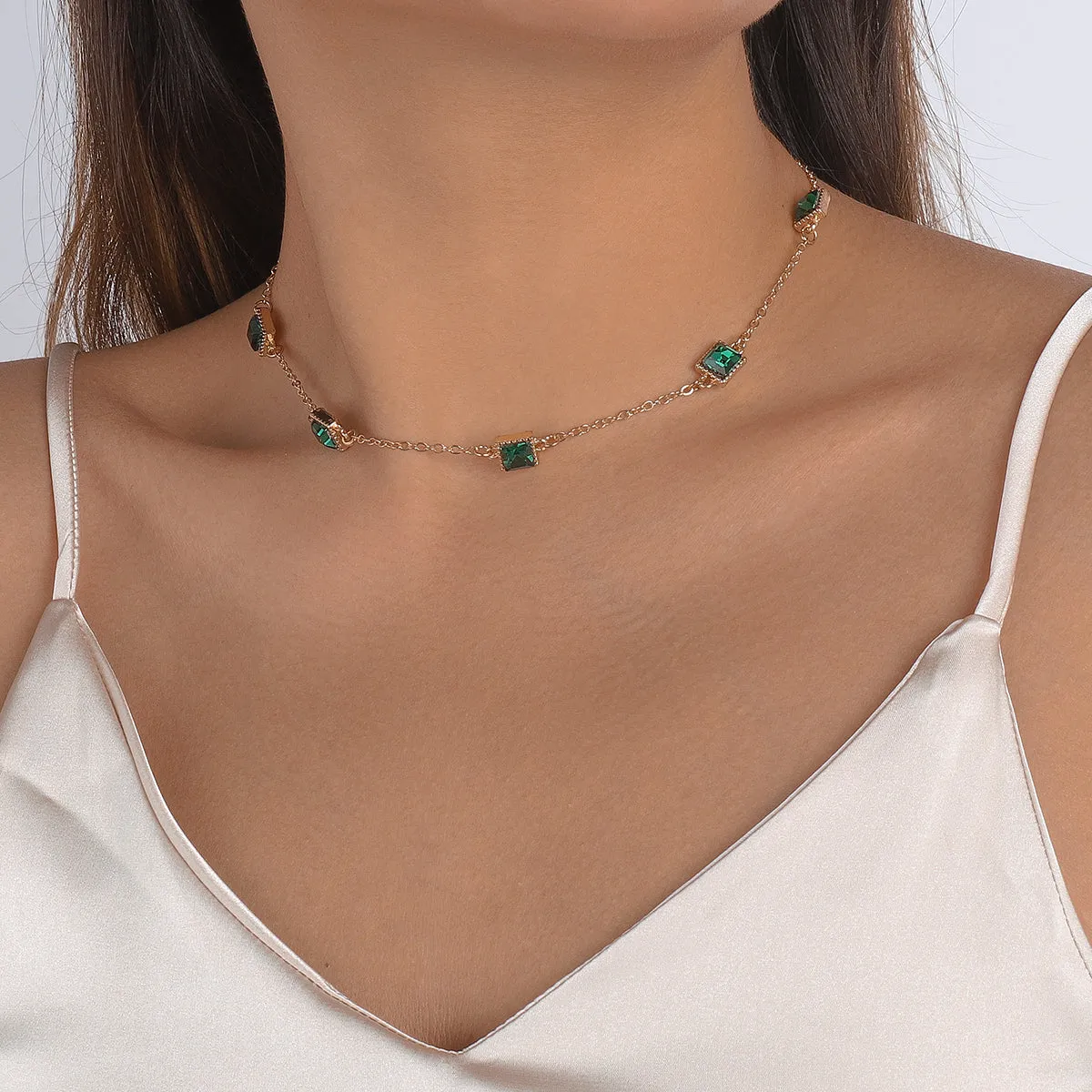 Green Crystal & 18K Gold-Plated Princess-Cut Station Necklace