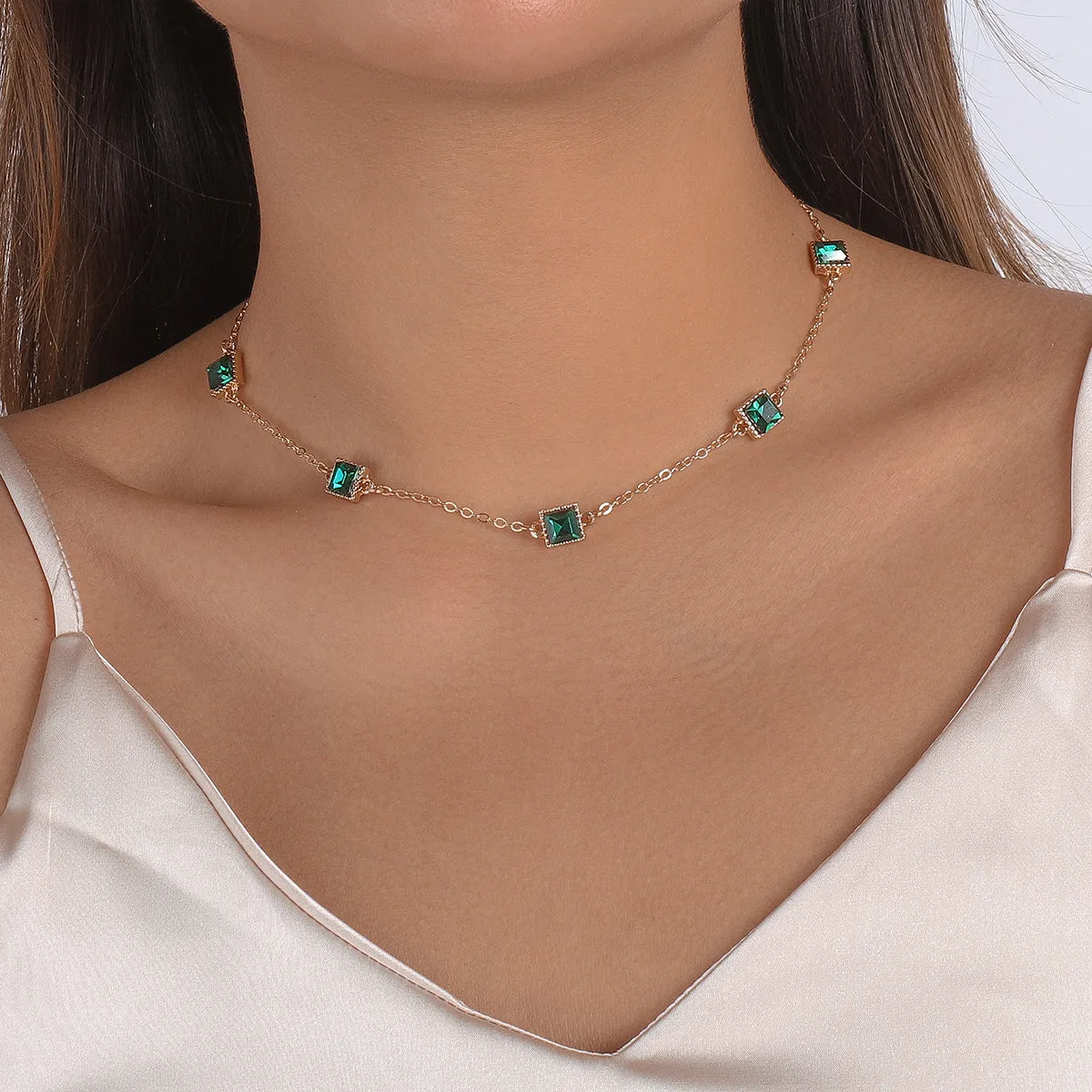 Green Crystal & 18K Gold-Plated Princess-Cut Station Necklace
