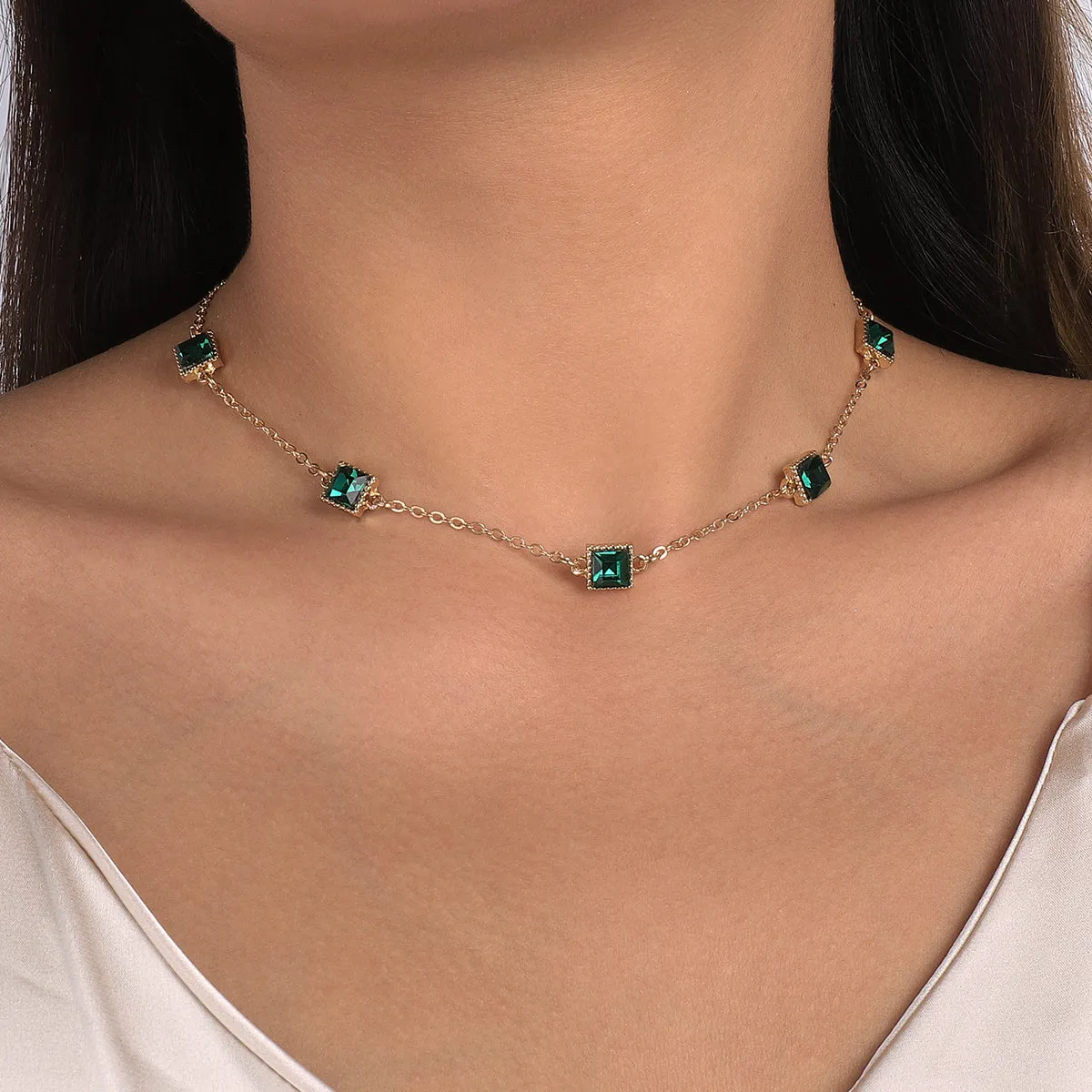 Green Crystal & 18K Gold-Plated Princess-Cut Station Necklace
