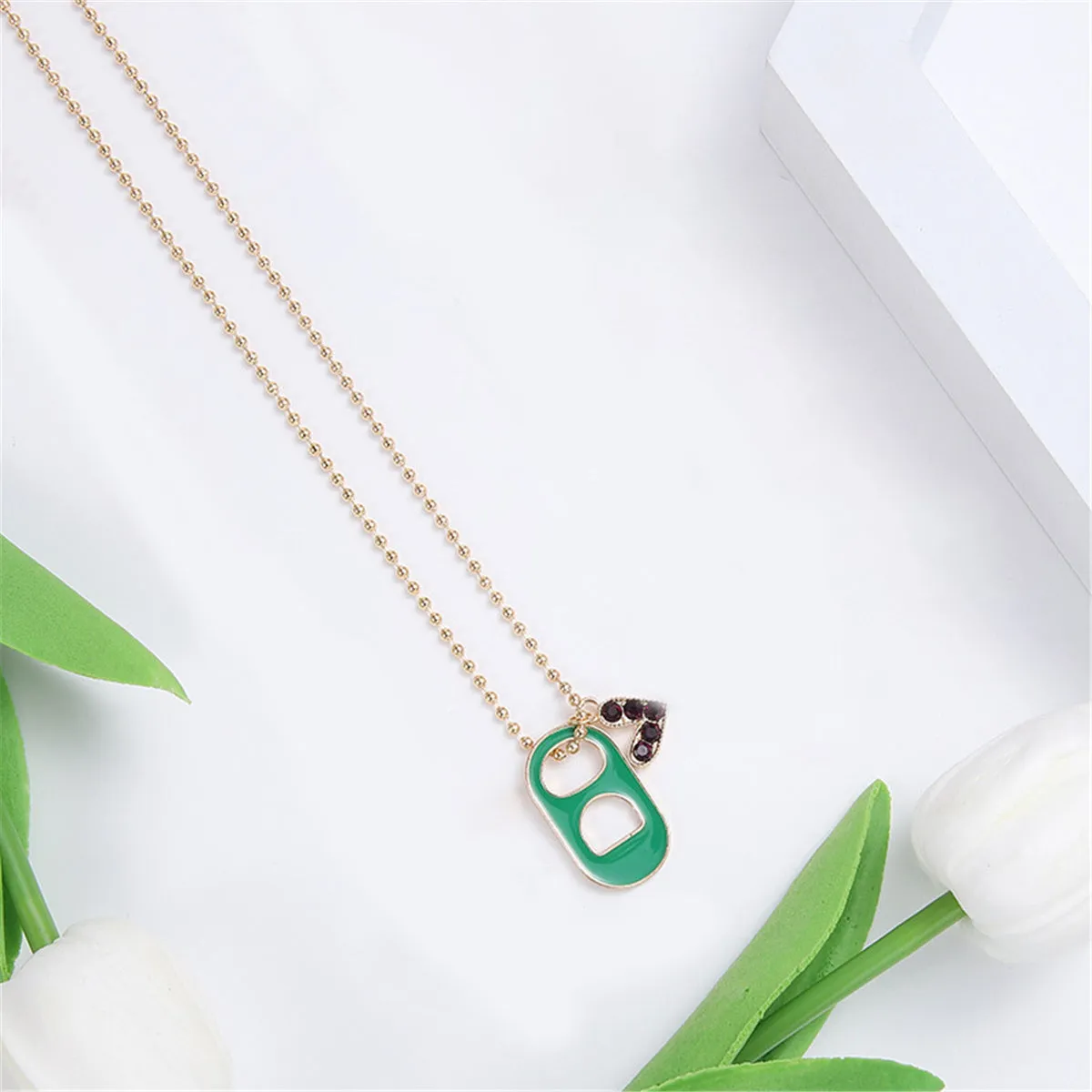 Green Enamel & Cubic Zirconia 18K Gold-Plated Pig Nose Heart Pendant Necklace