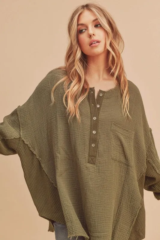 Green Exposed Seam Raw Hem Half Button Top