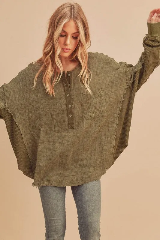 Green Exposed Seam Raw Hem Half Button Top