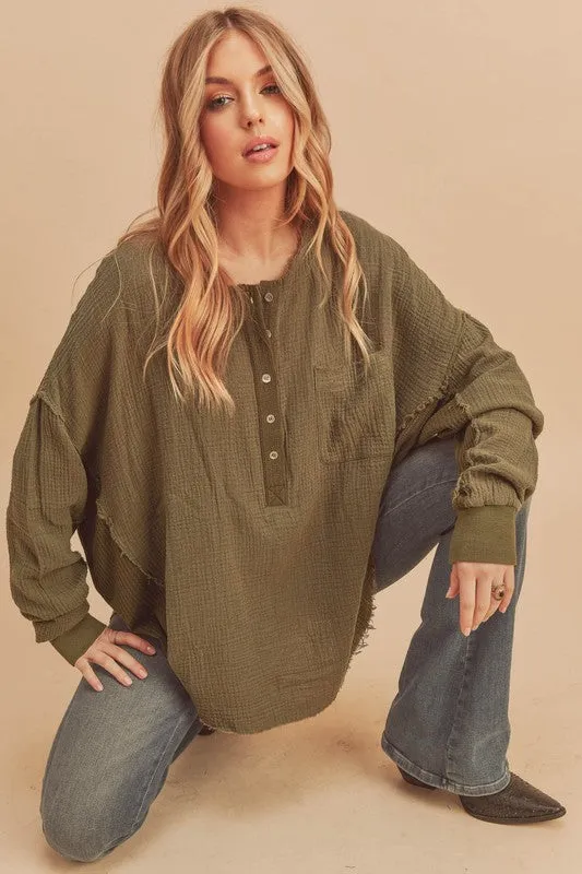 Green Exposed Seam Raw Hem Half Button Top