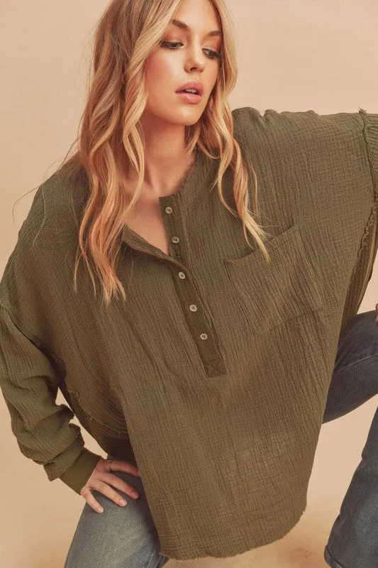 Green Exposed Seam Raw Hem Half Button Top