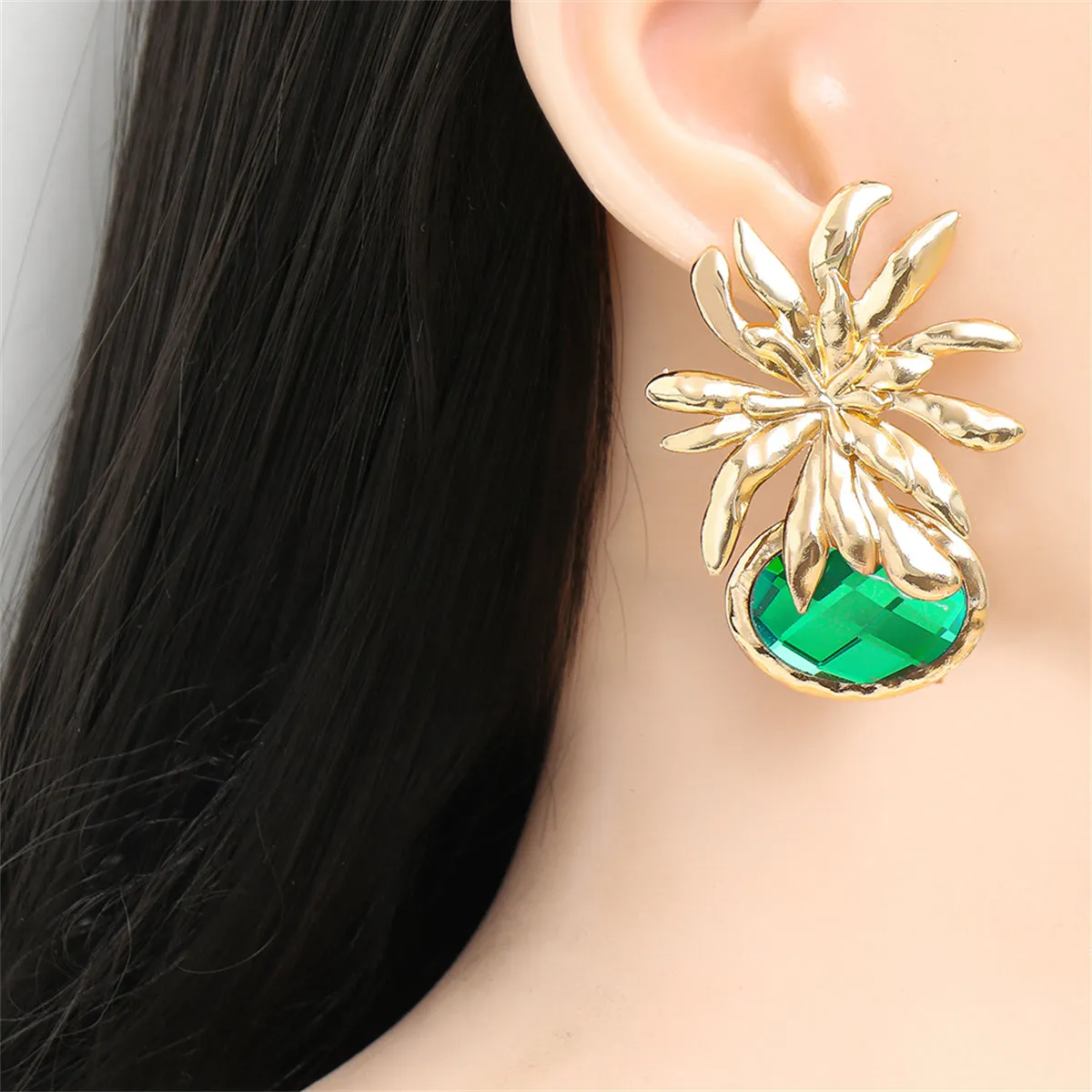 Green Oval Crystal & 18K Gold-Plated Flower Drop Earrings