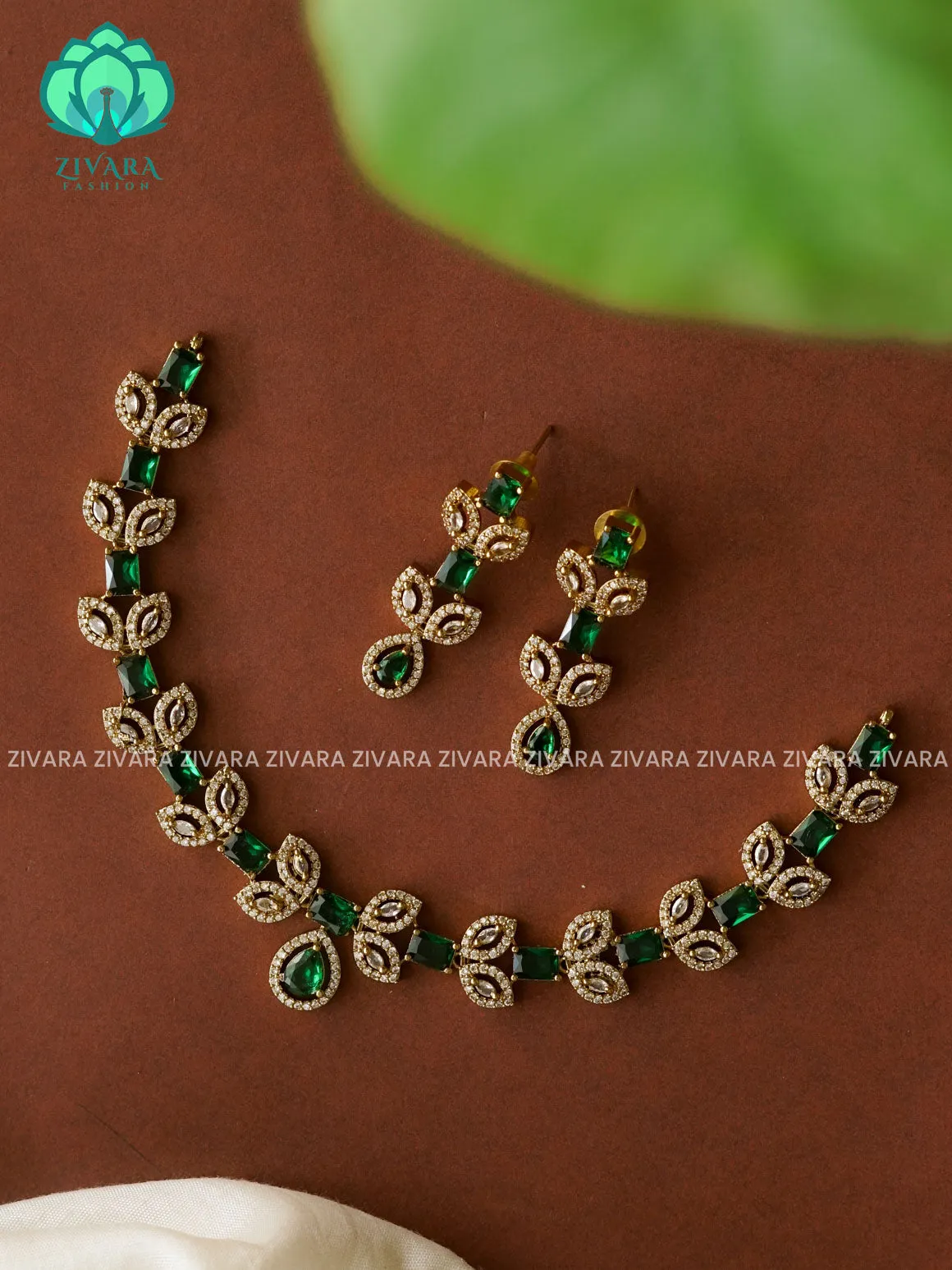 GREEN- TEAR WITH LEAF - stylish and minimal elegant neckwear with earrings- Zivara Fashion