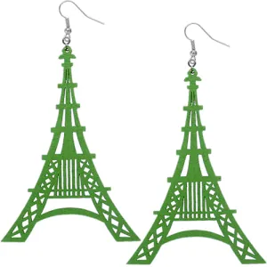 Green Wooden Paris Eiffel Tower Dangle Earrings