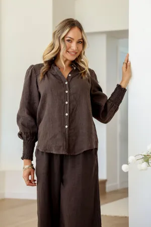 'Greta' Linen Top - Chocolate