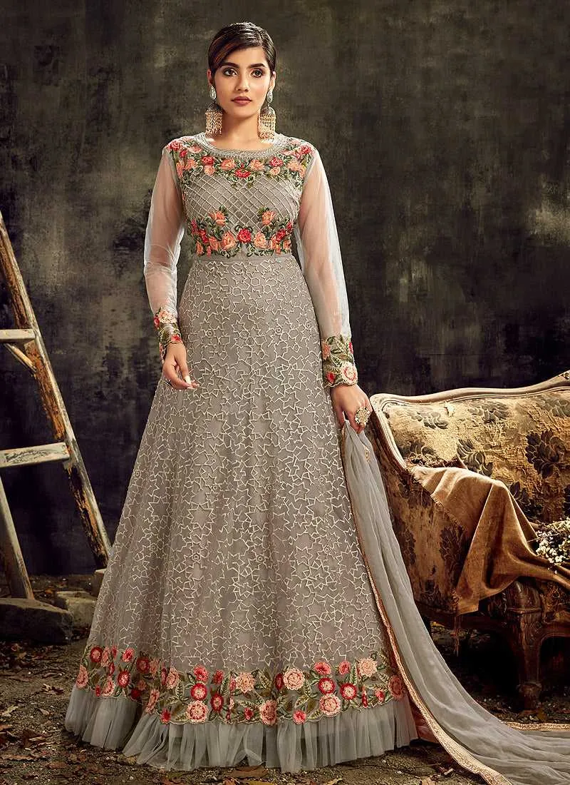 Grey Embroidered Kalidar Anarkali Style Suit