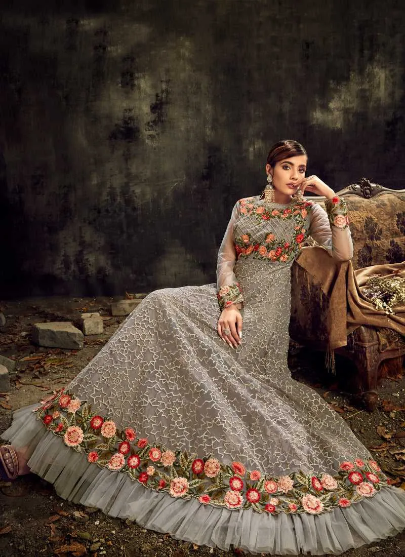 Grey Embroidered Kalidar Anarkali Style Suit