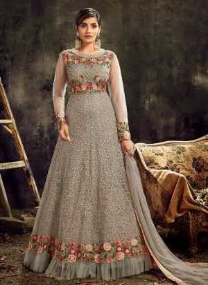 Grey Embroidered Kalidar Anarkali Style Suit