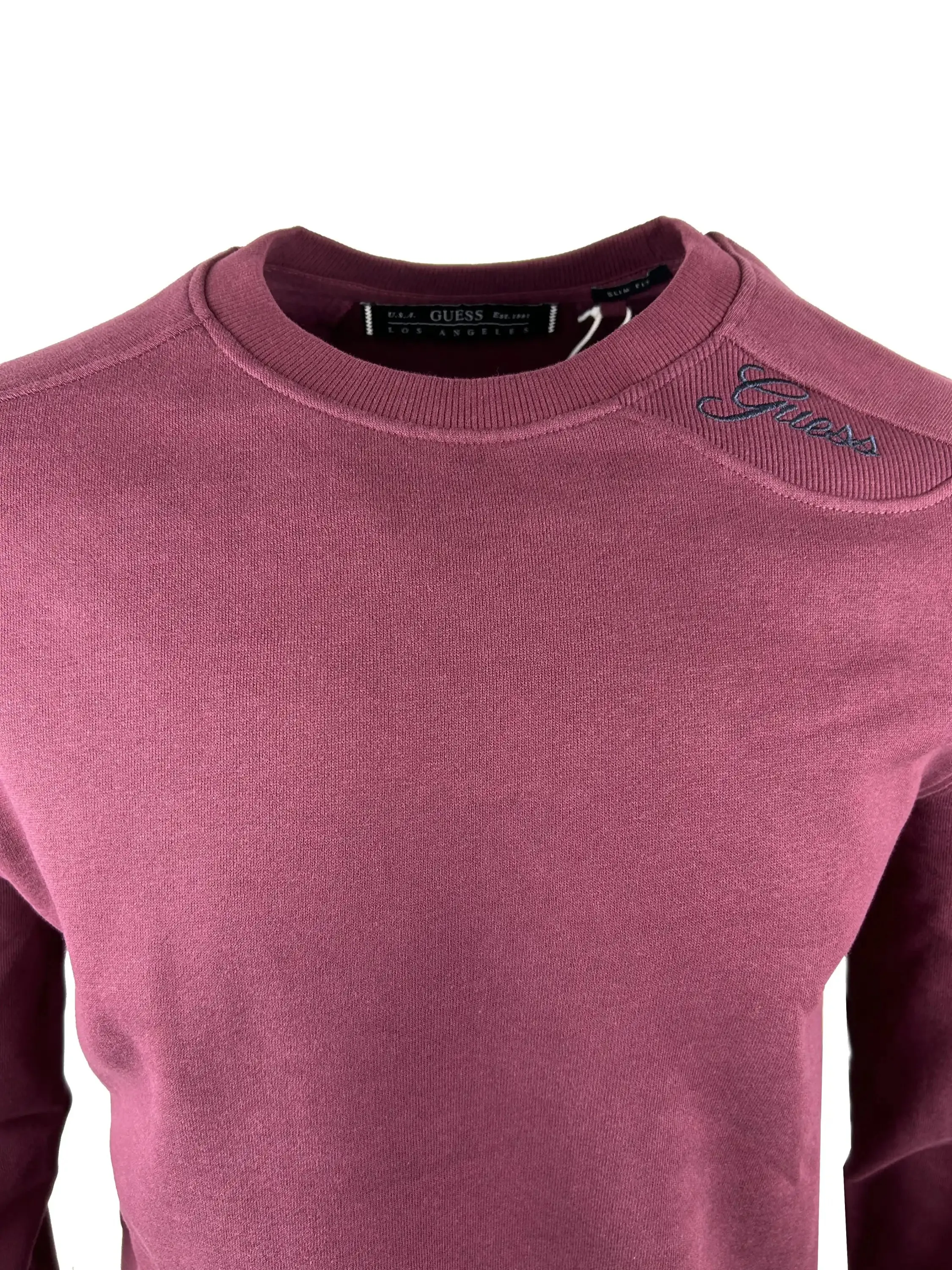 Guess Mens Inserted W Logo Crew Neck Sweatshirt Burgundy