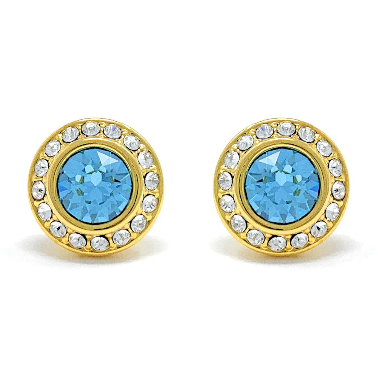 Halo Pave Stud Earrings with Blue Aquamarine Round Crystals from Swarovski Gold Plated