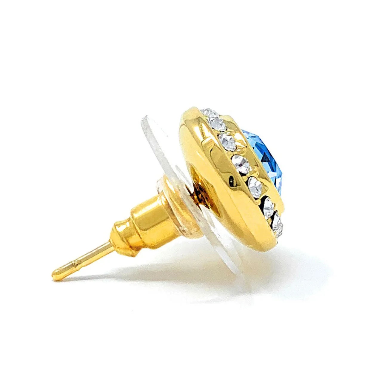 Halo Pave Stud Earrings with Blue Aquamarine Round Crystals from Swarovski Gold Plated