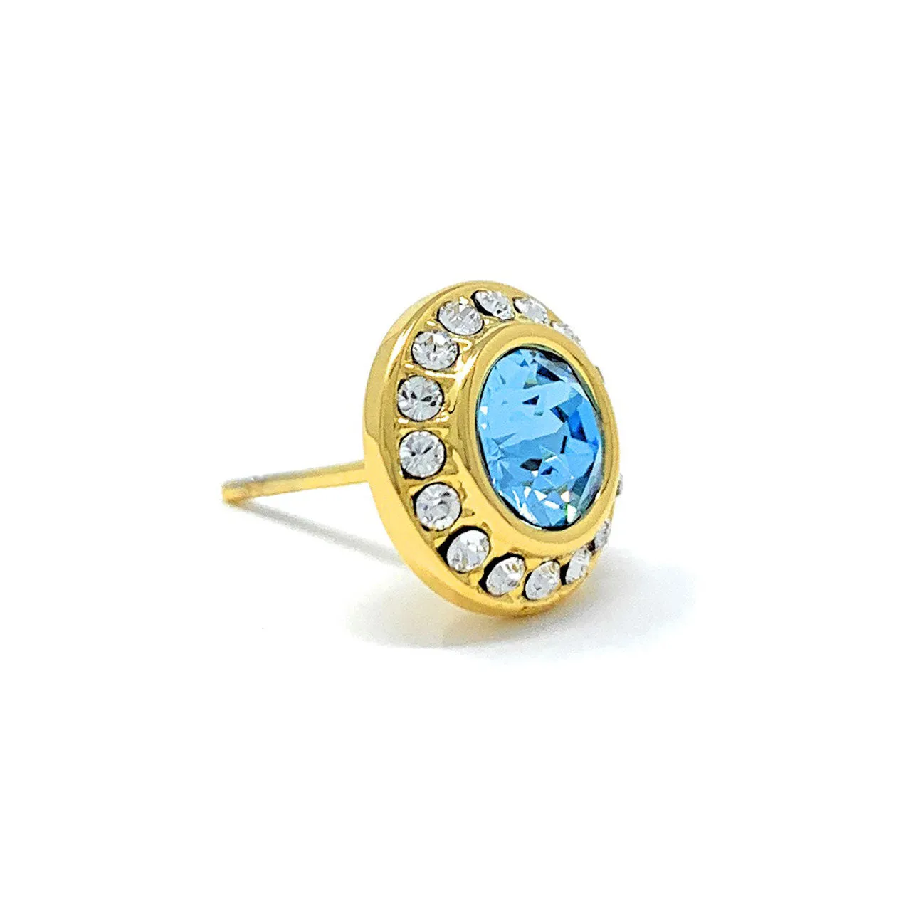 Halo Pave Stud Earrings with Blue Aquamarine Round Crystals from Swarovski Gold Plated