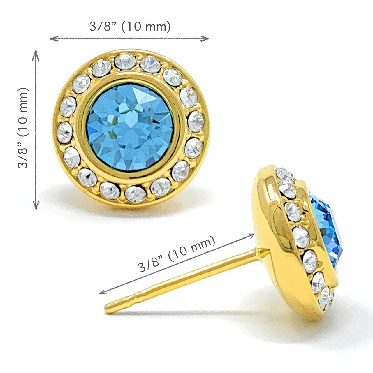 Halo Pave Stud Earrings with Blue Aquamarine Round Crystals from Swarovski Gold Plated