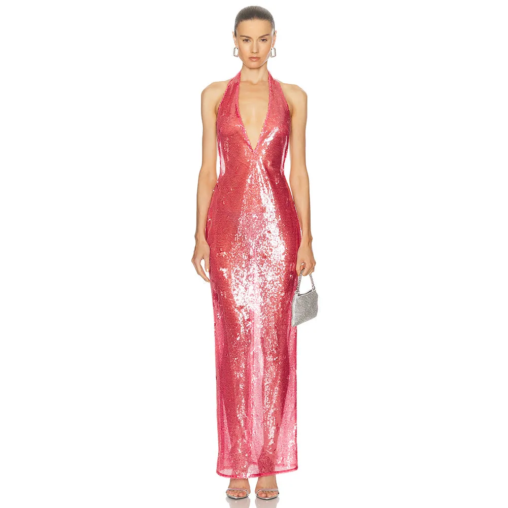 Halter Sleeveless Back Hollow Maxi Dress KLYF1259