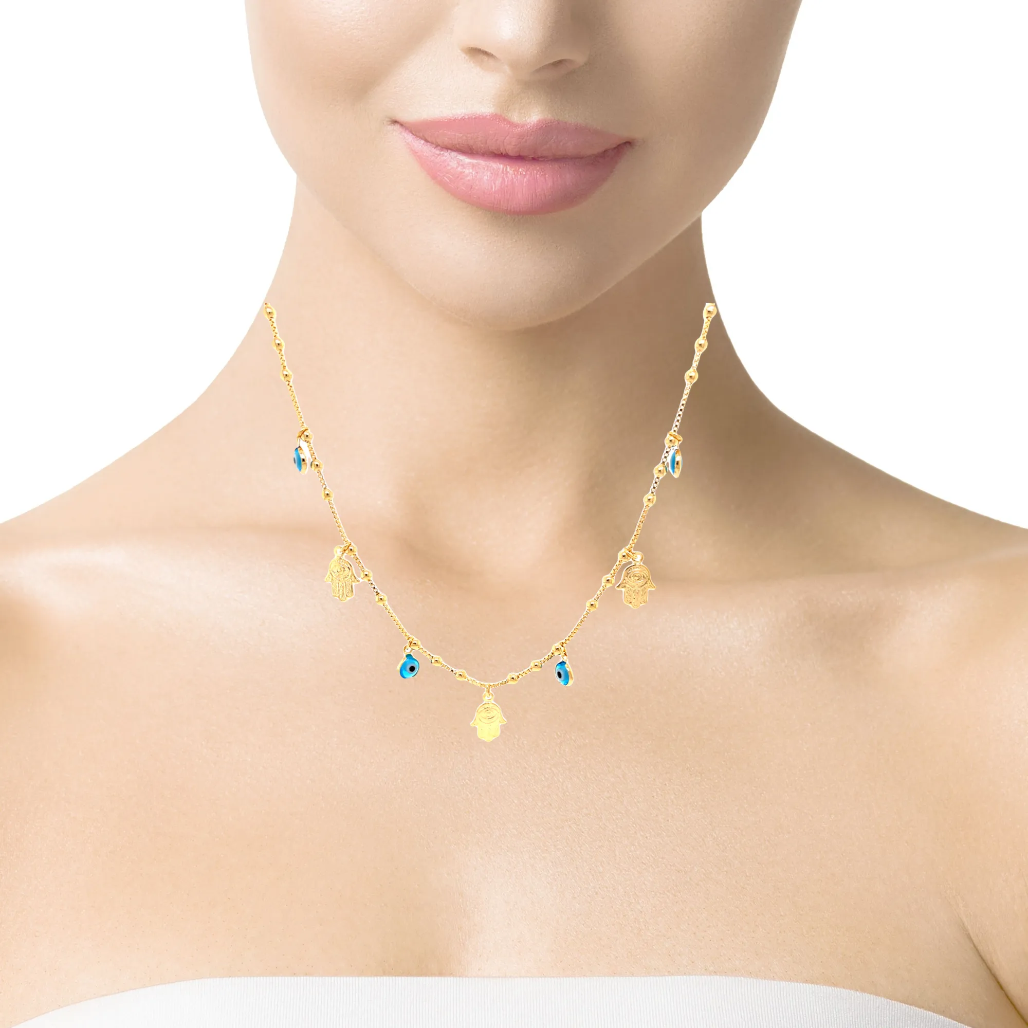 Hamsa Hands and Blue Evil eye charms pendant Necklace