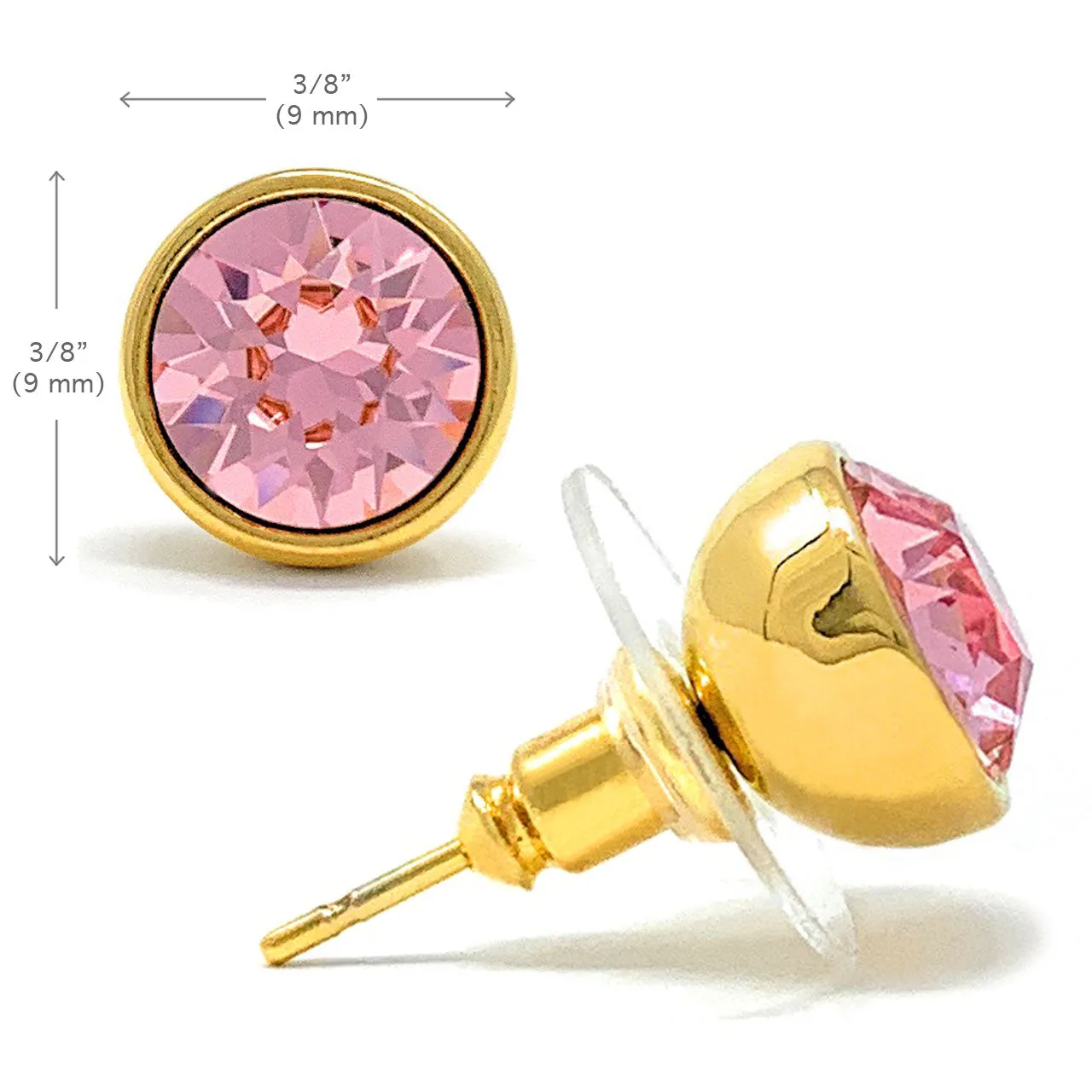 Harley Stud Earrings with Pink Light Rose Round Crystals from Swarovski Gold Plated