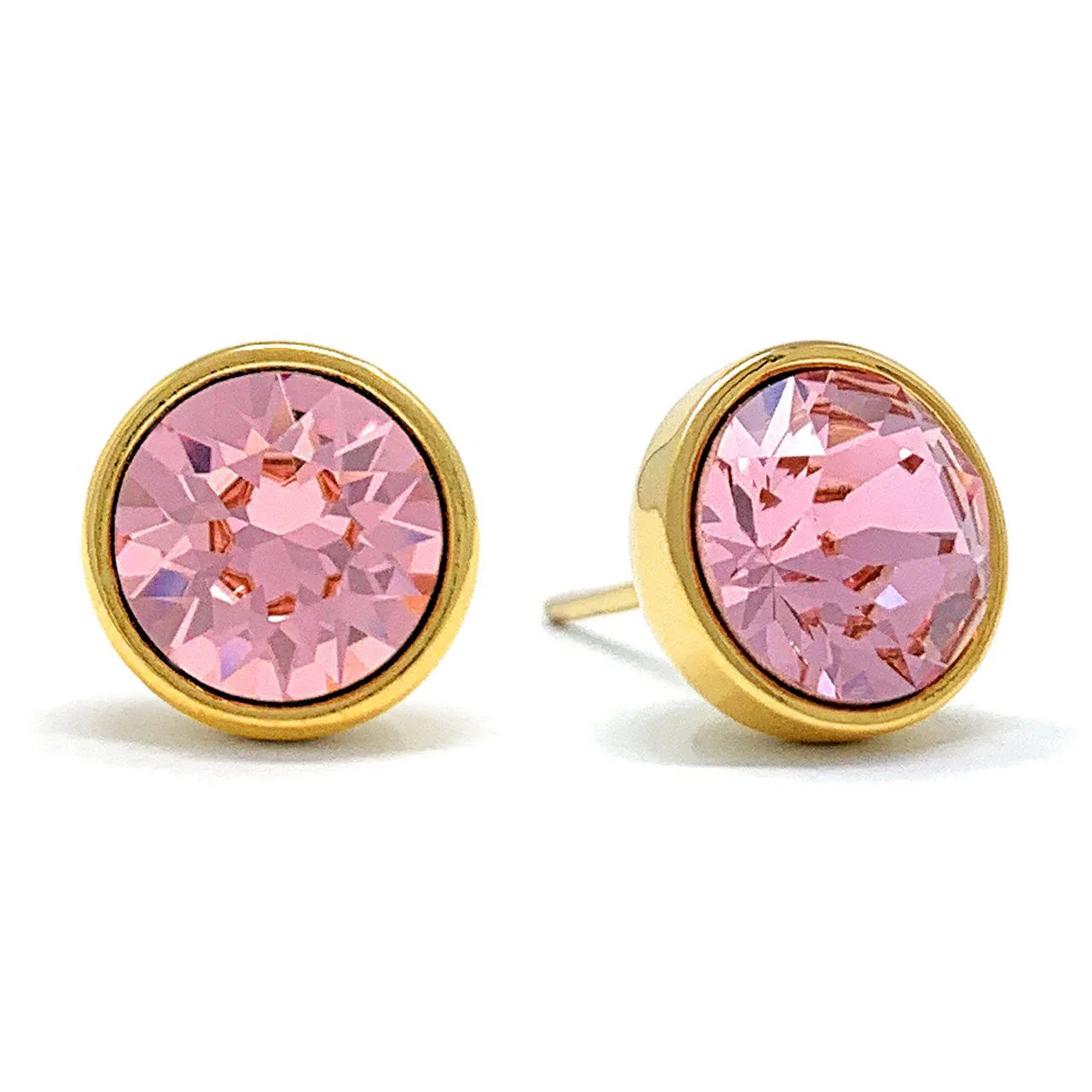 Harley Stud Earrings with Pink Light Rose Round Crystals from Swarovski Gold Plated