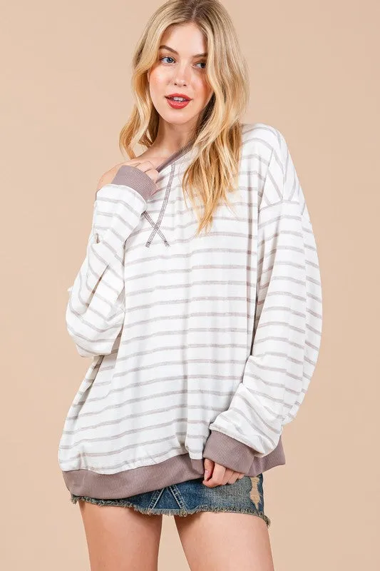 Hazel Blues® |  Ces Femme Striped Round Neck Drop Shoulder Sweatshirt