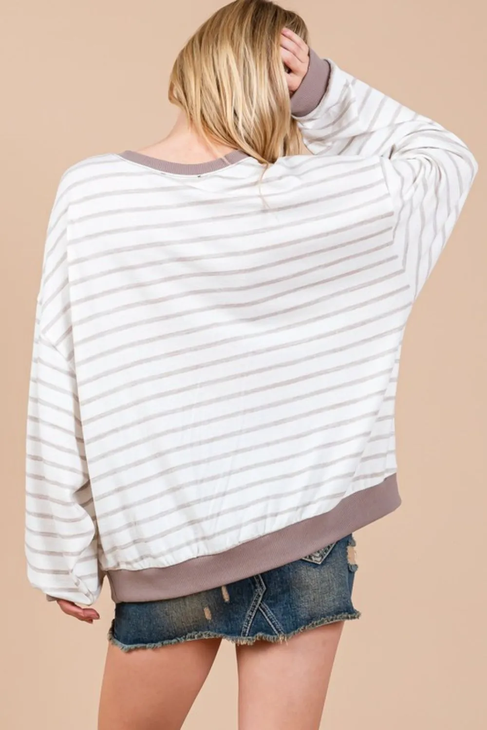 Hazel Blues® |  Ces Femme Striped Round Neck Drop Shoulder Sweatshirt