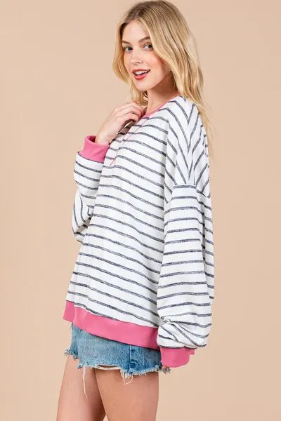 Hazel Blues® |  Ces Femme Striped Round Neck Drop Shoulder Sweatshirt