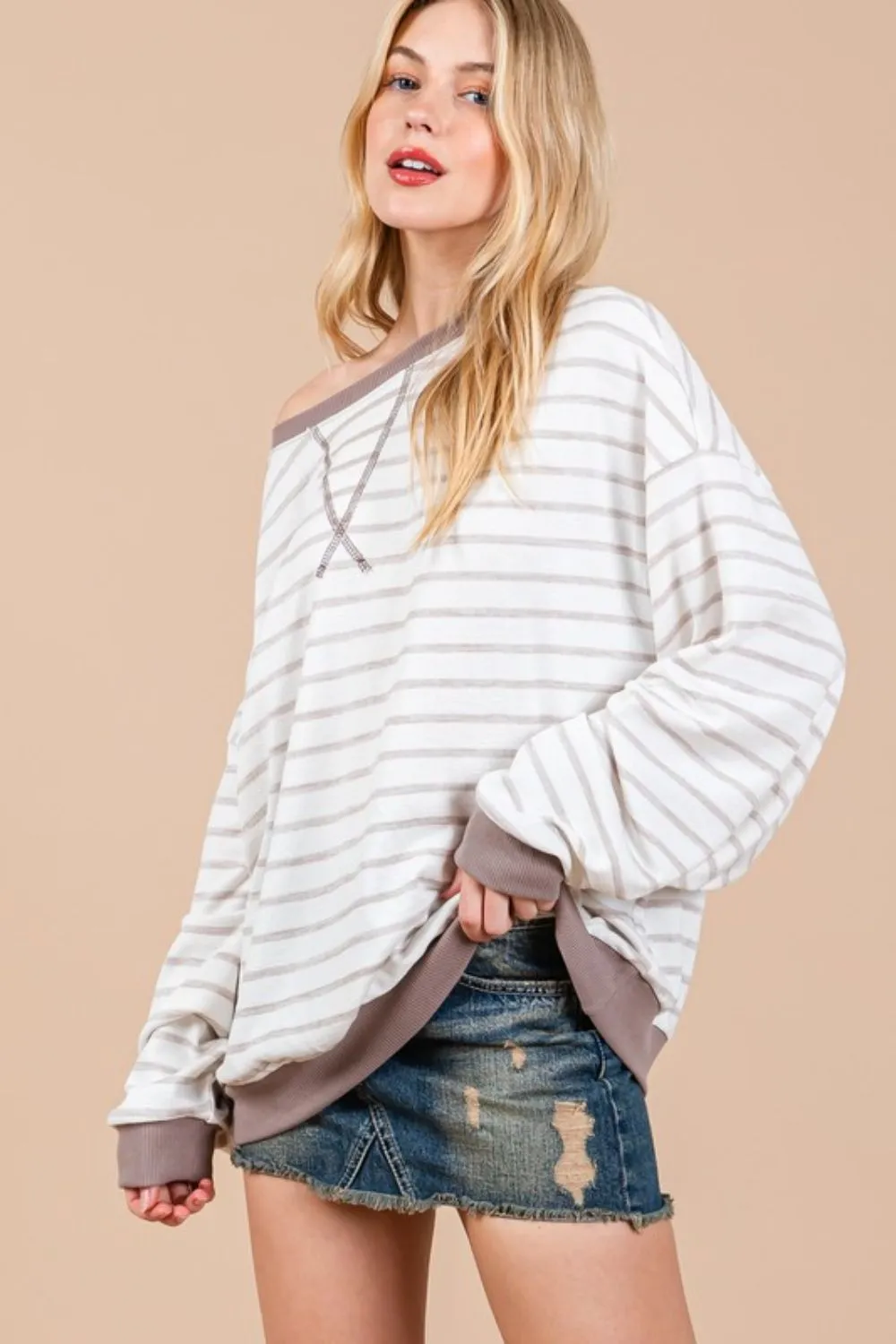 Hazel Blues® |  Ces Femme Striped Round Neck Drop Shoulder Sweatshirt