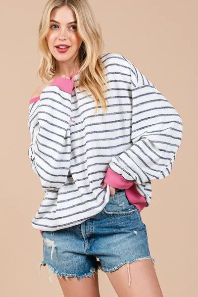 Hazel Blues® |  Ces Femme Striped Round Neck Drop Shoulder Sweatshirt
