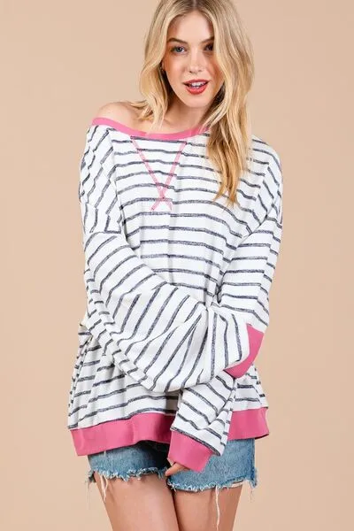 Hazel Blues® |  Ces Femme Striped Round Neck Drop Shoulder Sweatshirt