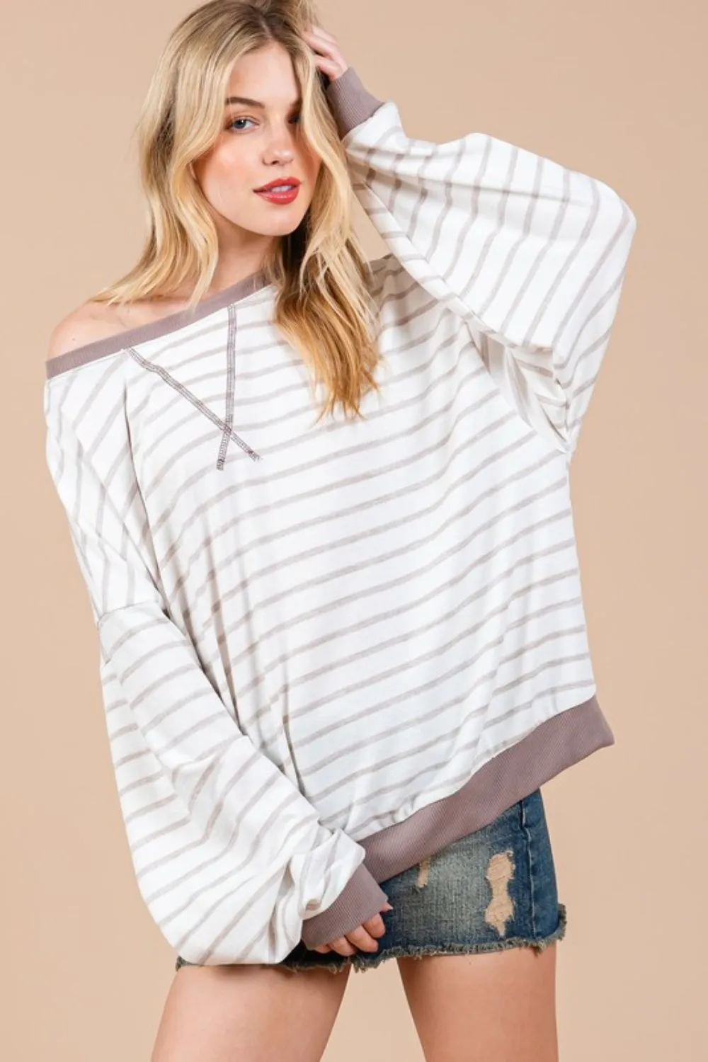 Hazel Blues® |  Ces Femme Striped Round Neck Drop Shoulder Sweatshirt