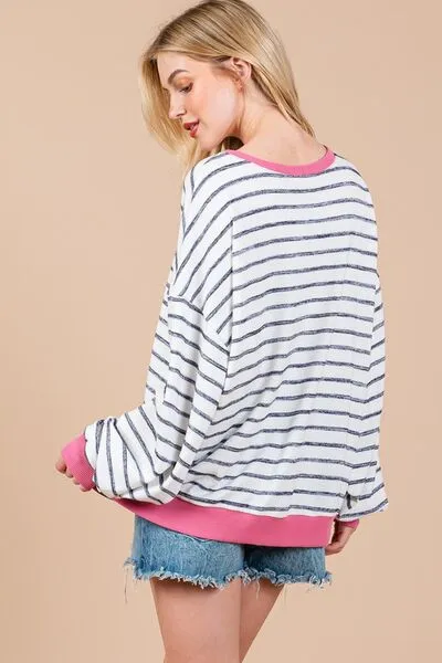 Hazel Blues® |  Ces Femme Striped Round Neck Drop Shoulder Sweatshirt