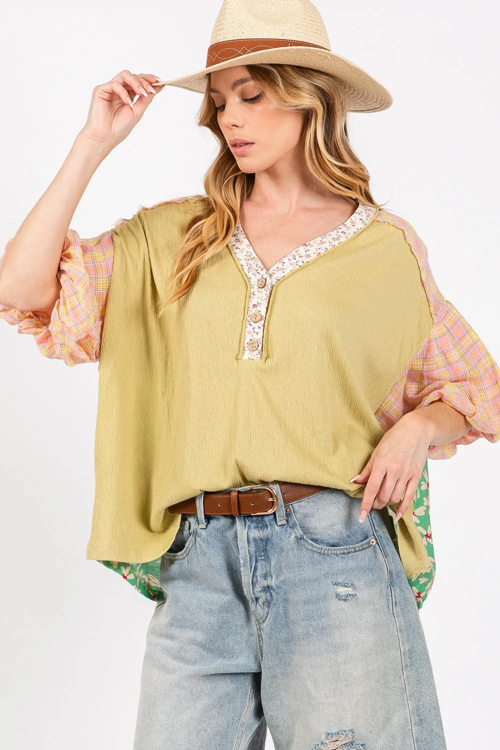 Hazel Blues® |  SAGE   FIG Color Block Bubble Sleeve Top