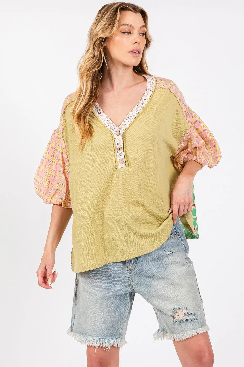 Hazel Blues® |  SAGE   FIG Color Block Bubble Sleeve Top